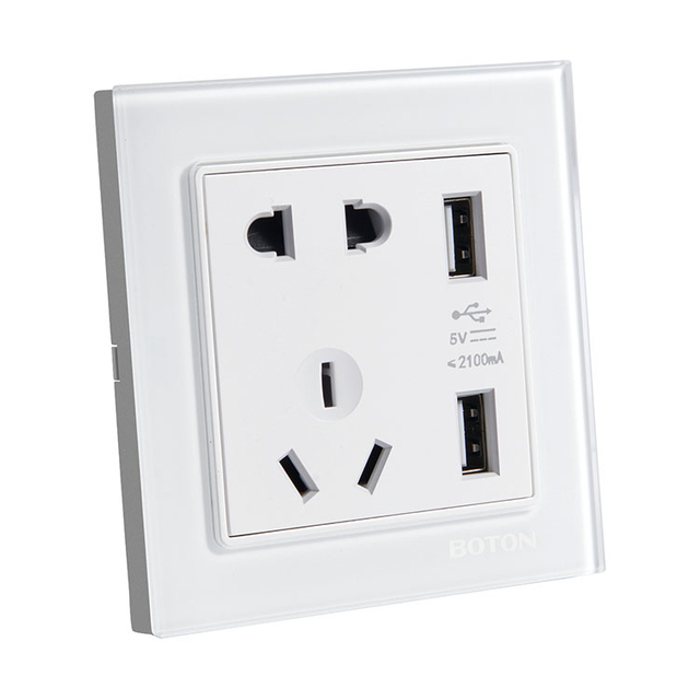 二、三极插座带双USB插座 G9玻璃 白 