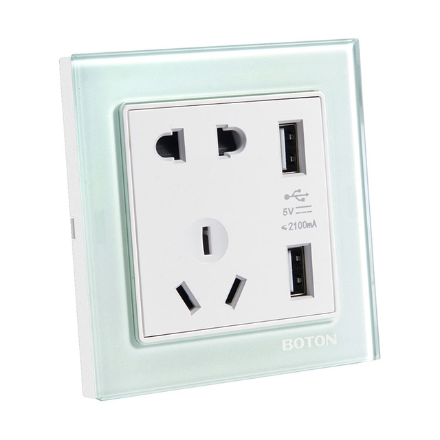 二、三极插座带双USB插座 G9玻璃 绿 