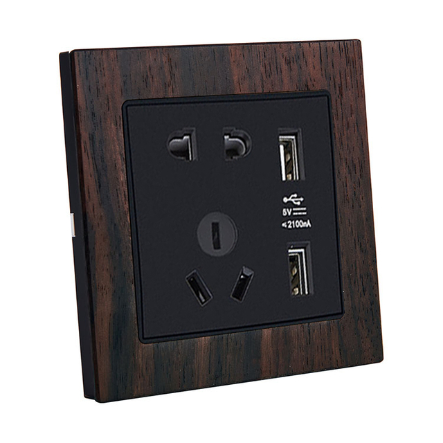 二、三极插座带双USB插座 G9木纹（玫瑰木+黑）