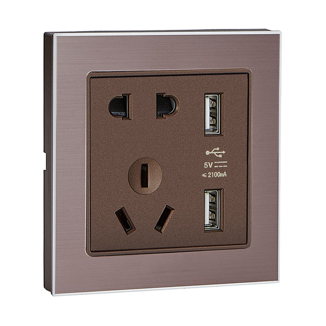 二、三极插座带双USB插座 G9拉丝玫瑰金+咖